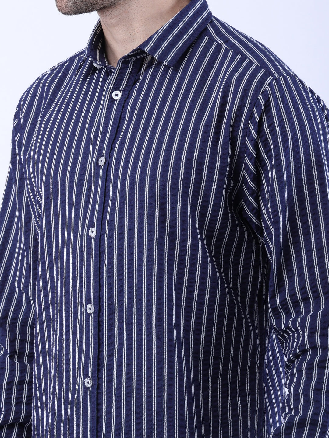 Navy Blue & White Vertical Stripe Full Sleeve Formal Shirt