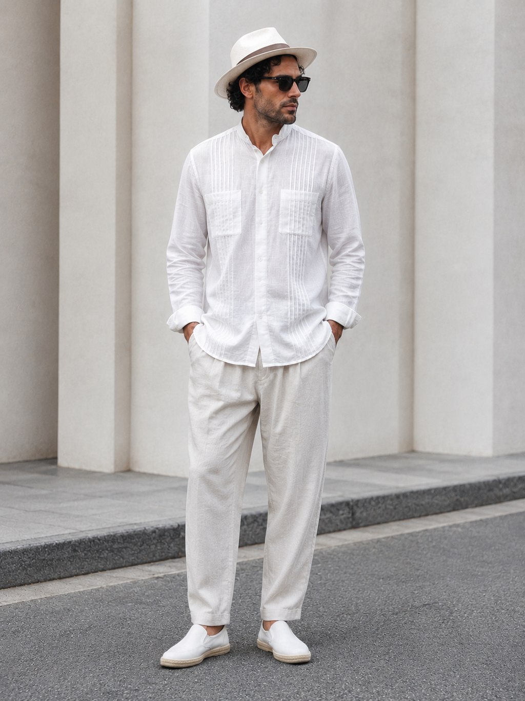 White Textured Full Sleeve Shirt with Mandarin Collar