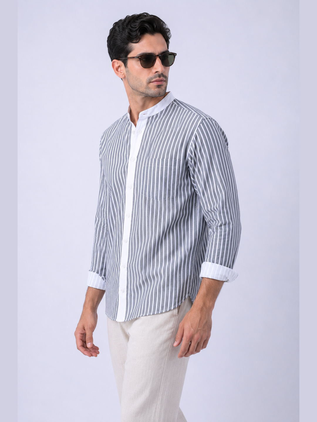 Grey & White Striped Mandarin Collar Shirt