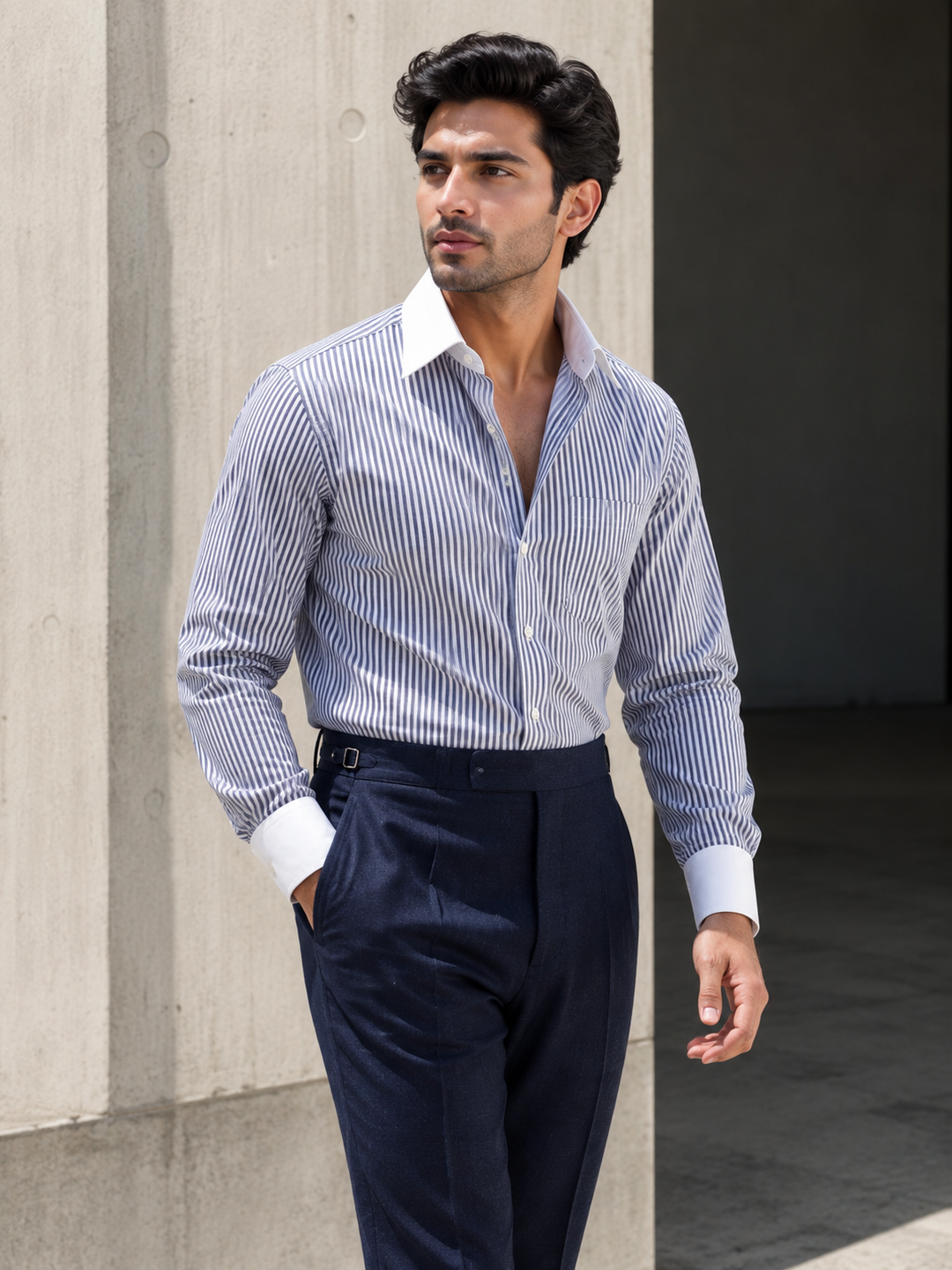 Men's Blue and White Vertical Stripe Full Sleeve Formal Shirt