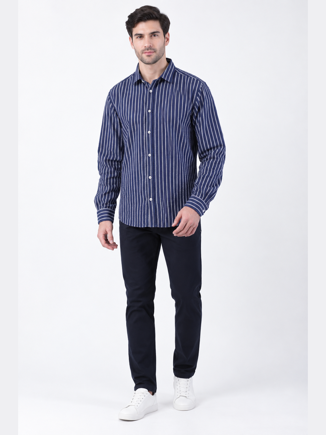 Navy Blue & White Vertical Stripe Full Sleeve Formal Shirt