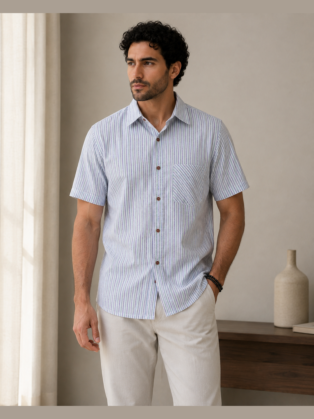 Men’s Light Blue Striped Short-Sleeve Casual Shirt with Chest Pocket