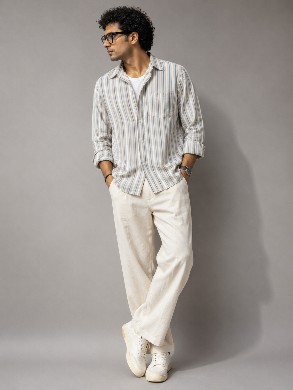 Beige & Blue Vertical Stripe Full Sleeve Cotton Casual Shirt