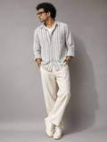 Beige & Blue Vertical Stripe Full Sleeve Cotton Casual Shirt