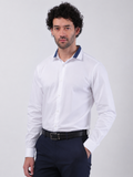 White Full Sleeve Formal Shirt with Contrast Navy Blue Collar