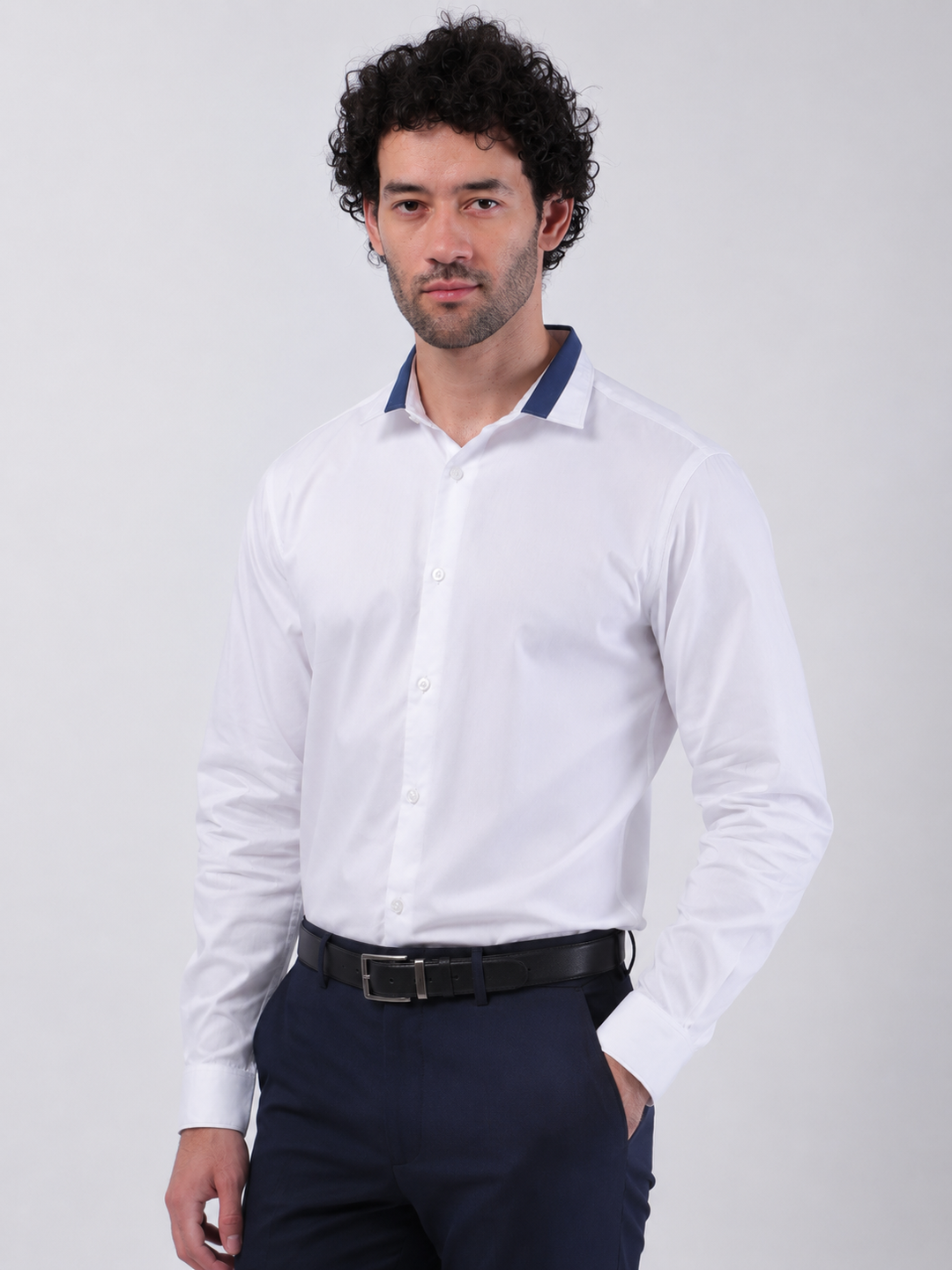 White Full Sleeve Formal Shirt with Contrast Navy Blue Collar