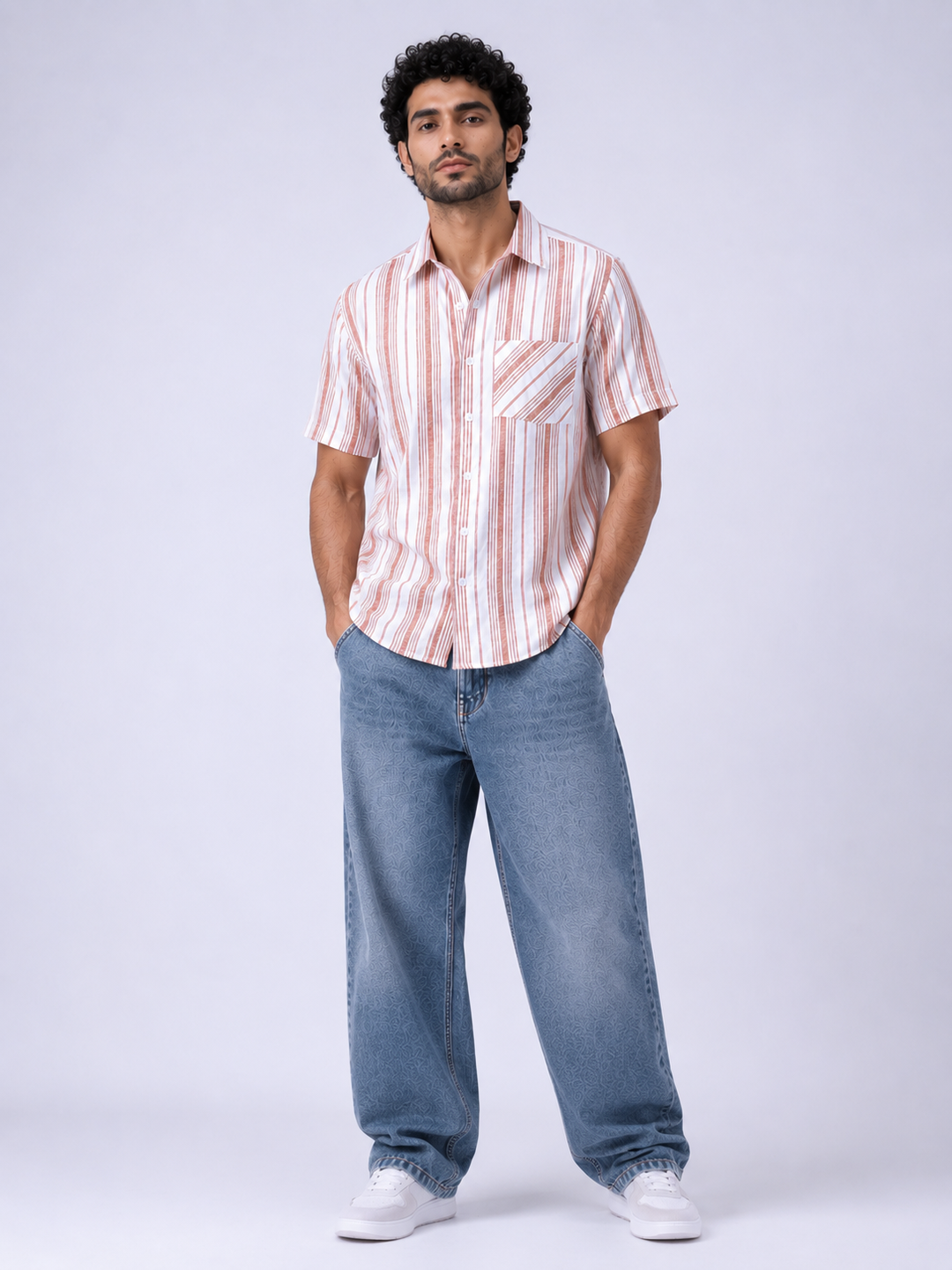 Men’s Pink & White Striped Casual Shirt with Relaxed-Fit Denim