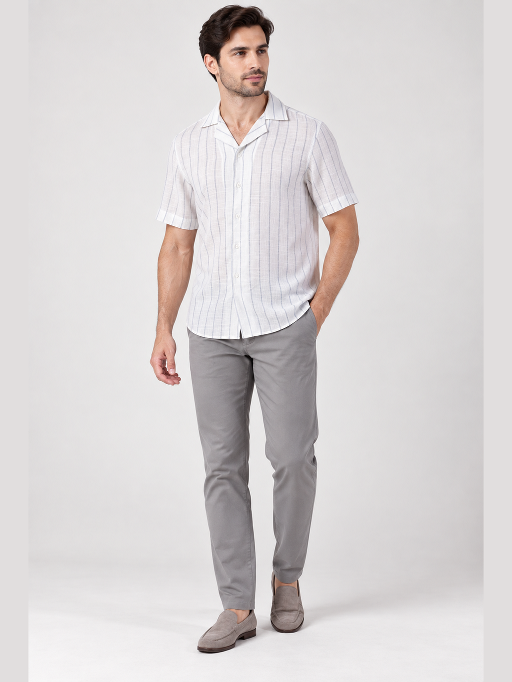 White & Grey Vertical Stripe Short Sleeve Cuban Collar Shirt