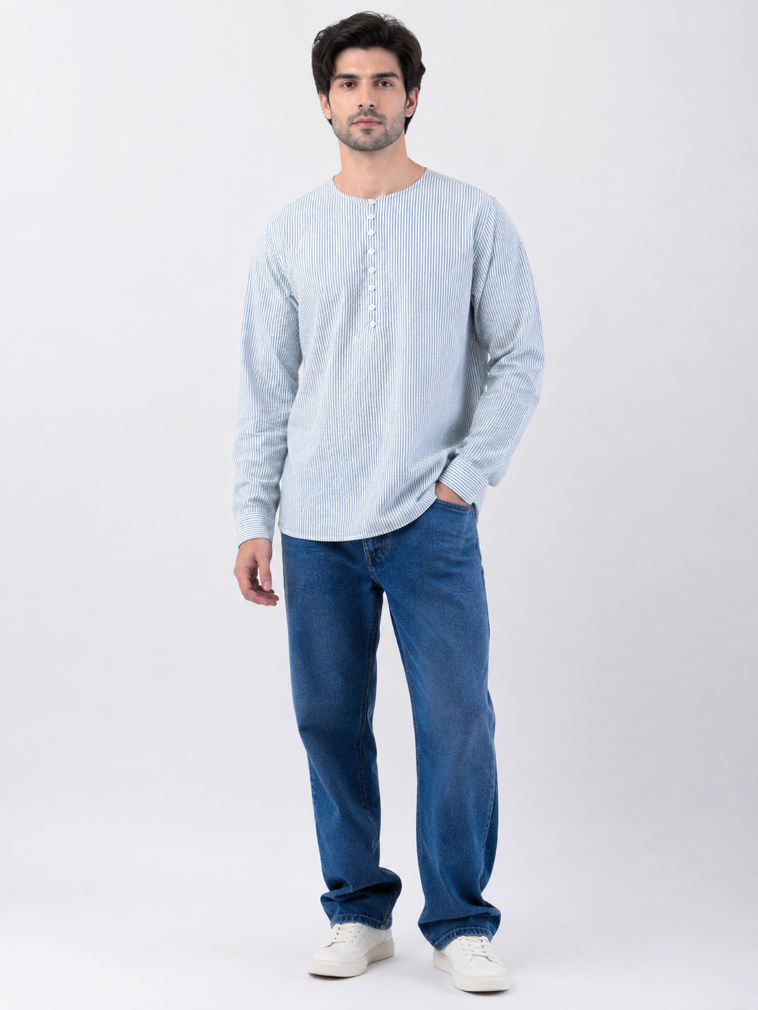 Light Blue Striped Cotton Full Sleeve Henley Shirt