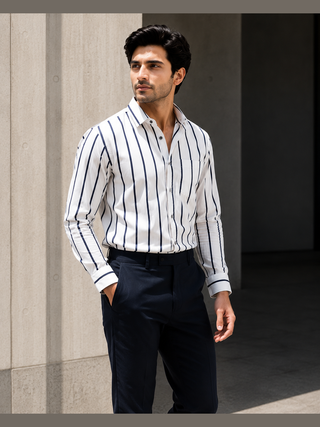 White & Navy Blue Vertical Stripe Full Sleeve Formal Shirt