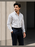 White & Navy Blue Vertical Stripe Full Sleeve Formal Shirt