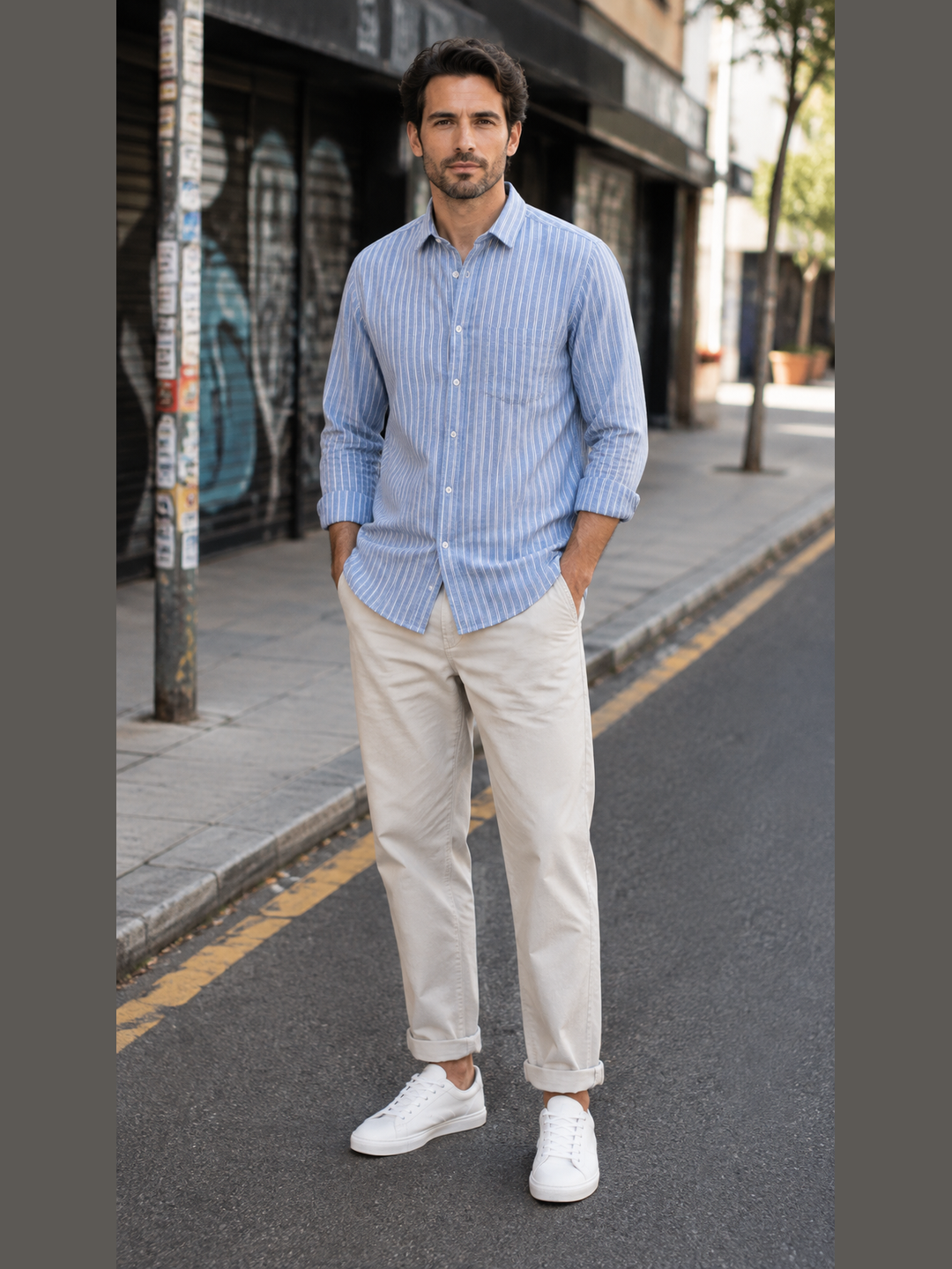 Beige & Blue Vertical Stripe Full Sleeve Cotton Casual Shirt