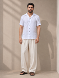 White Short Sleeve Cuban Collar Textured Shirt