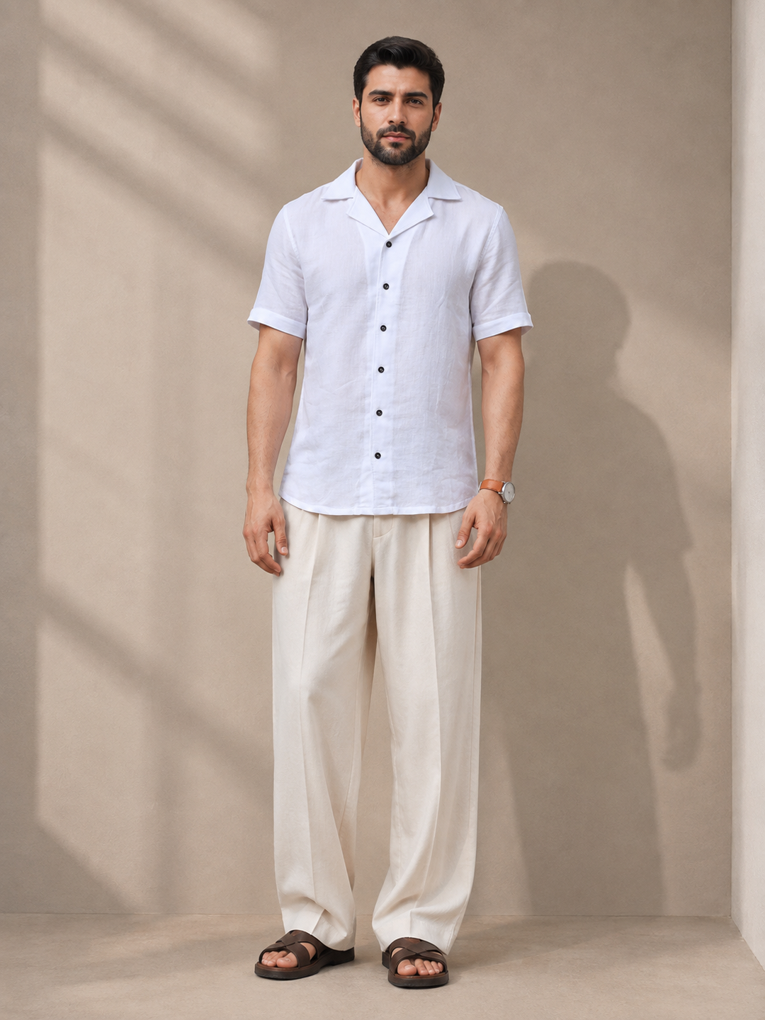 White Short Sleeve Cuban Collar Textured Shirt