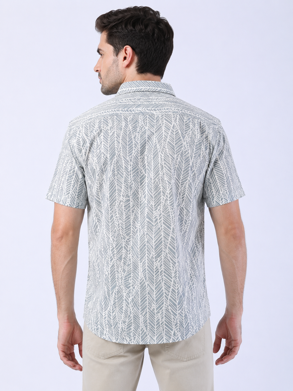 Grey & White Leaf Print Cotton Short Sleeve Shirt