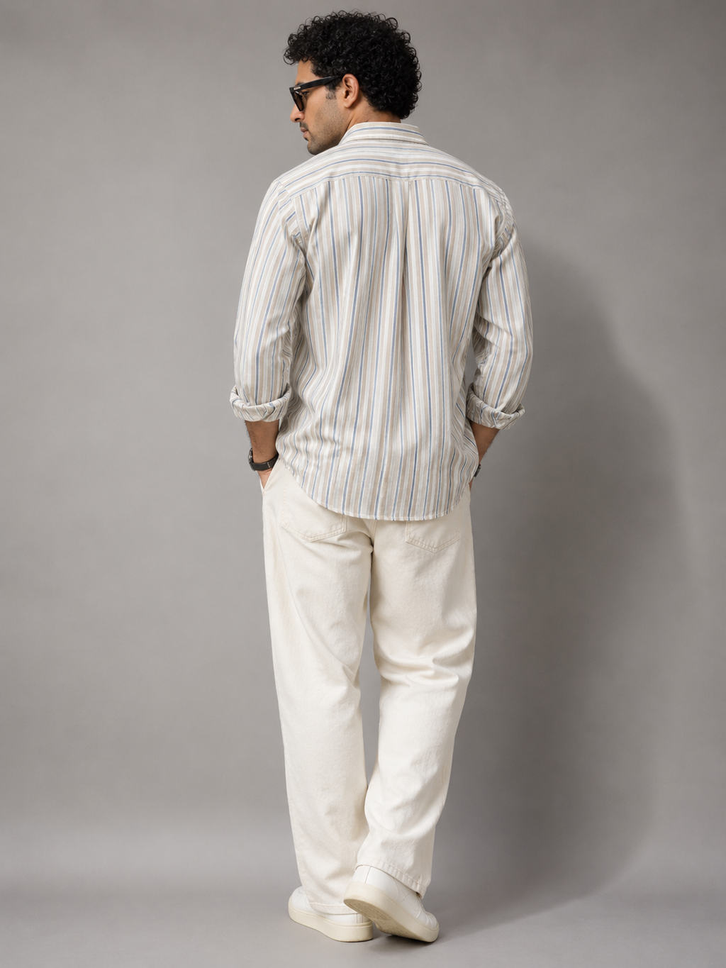 Beige & Blue Vertical Stripe Full Sleeve Cotton Casual Shirt