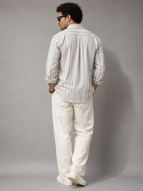 Beige & Blue Vertical Stripe Full Sleeve Cotton Casual Shirt