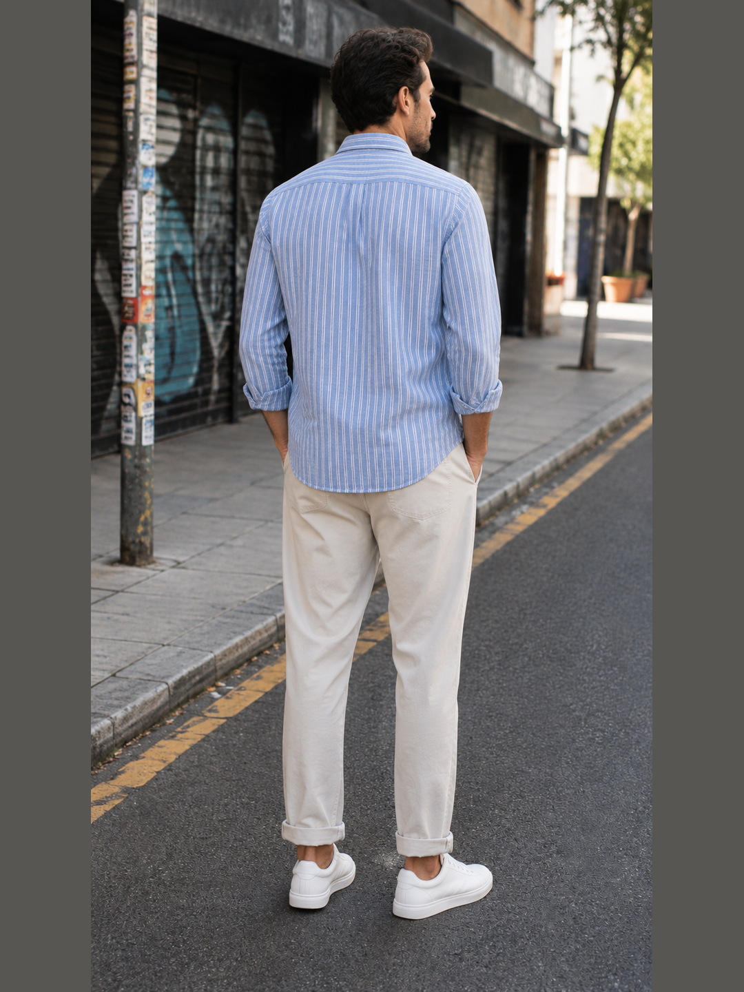 Beige & Blue Vertical Stripe Full Sleeve Cotton Casual Shirt