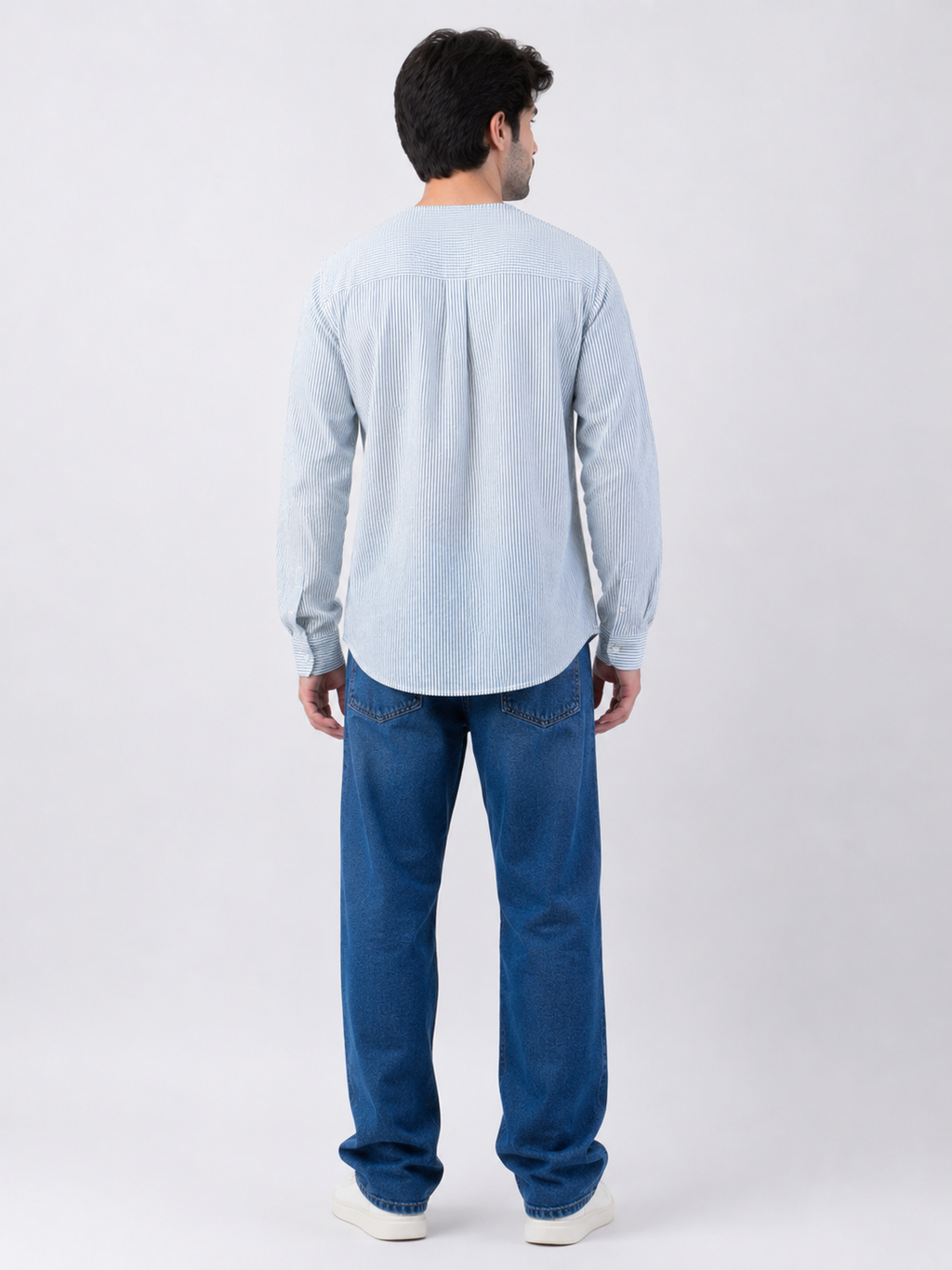 Light Blue Striped Cotton Full Sleeve Henley Shirt