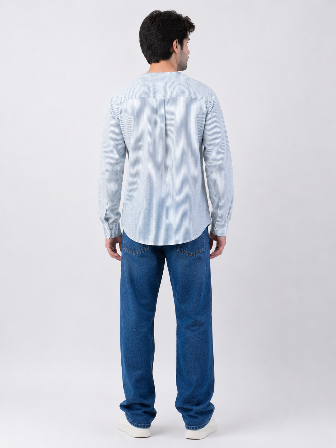 Light Blue Striped Cotton Full Sleeve Henley Shirt
