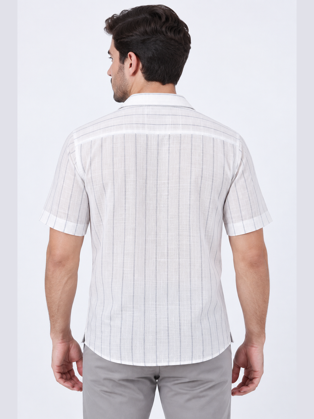 White & Grey Vertical Stripe Short Sleeve Cuban Collar Shirt