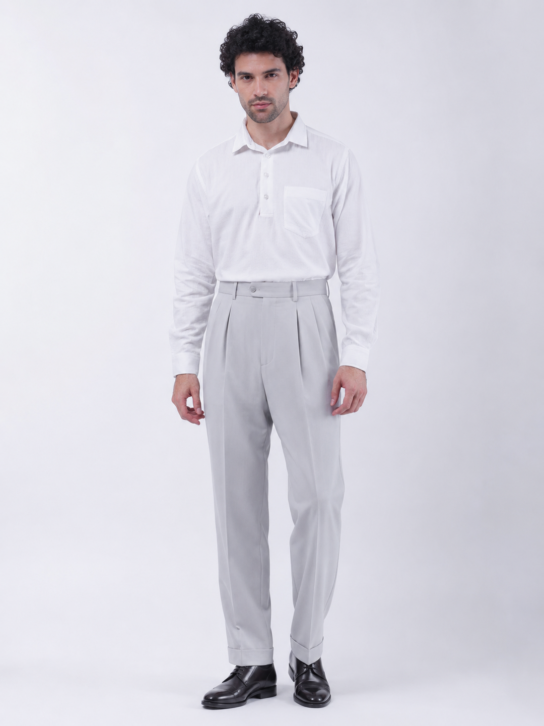 White Full Sleeve Polo Placket Shirt with Classic Collar