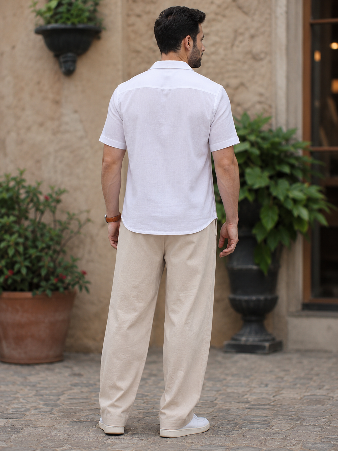 White Short Sleeve Cuban Collar Textured Shirt