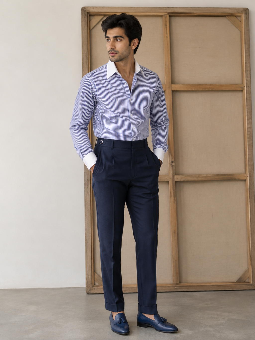 Men's Blue and White Vertical Stripe Full Sleeve Formal Shirt