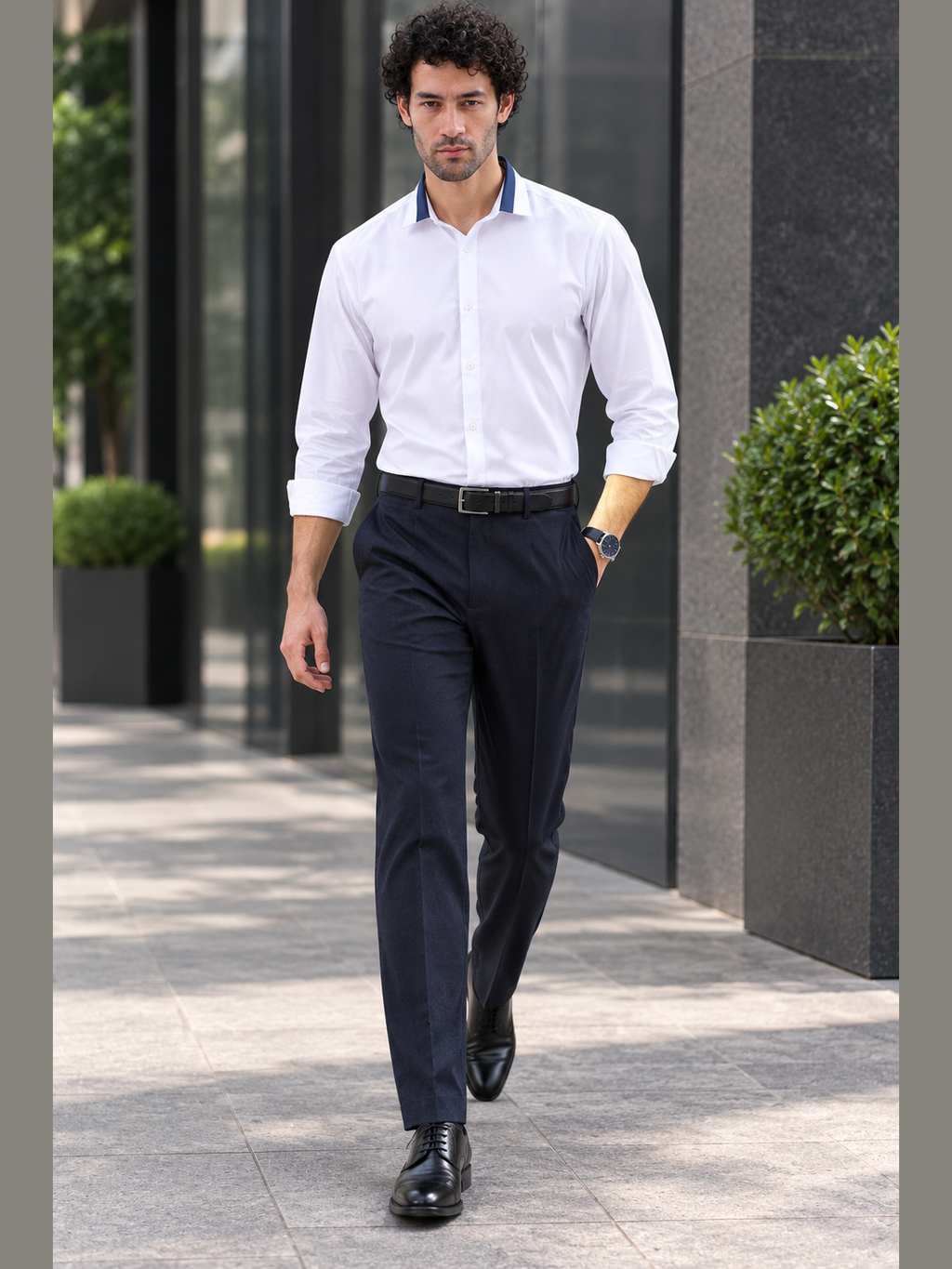White Full Sleeve Formal Shirt with Contrast Navy Blue Collar