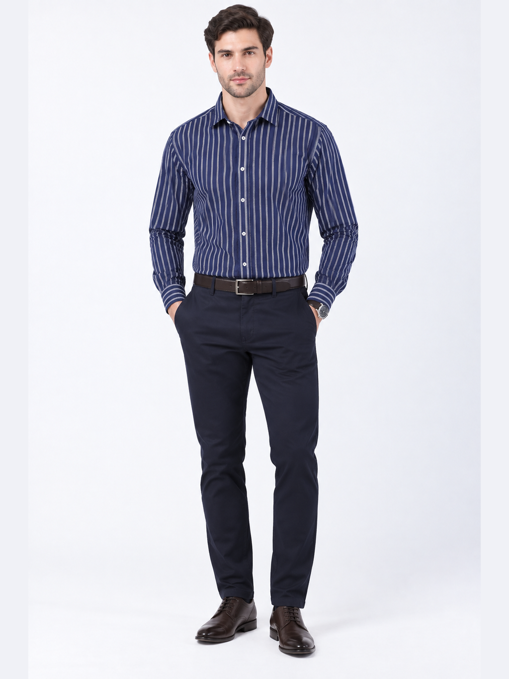 Navy Blue & White Vertical Stripe Full Sleeve Formal Shirt