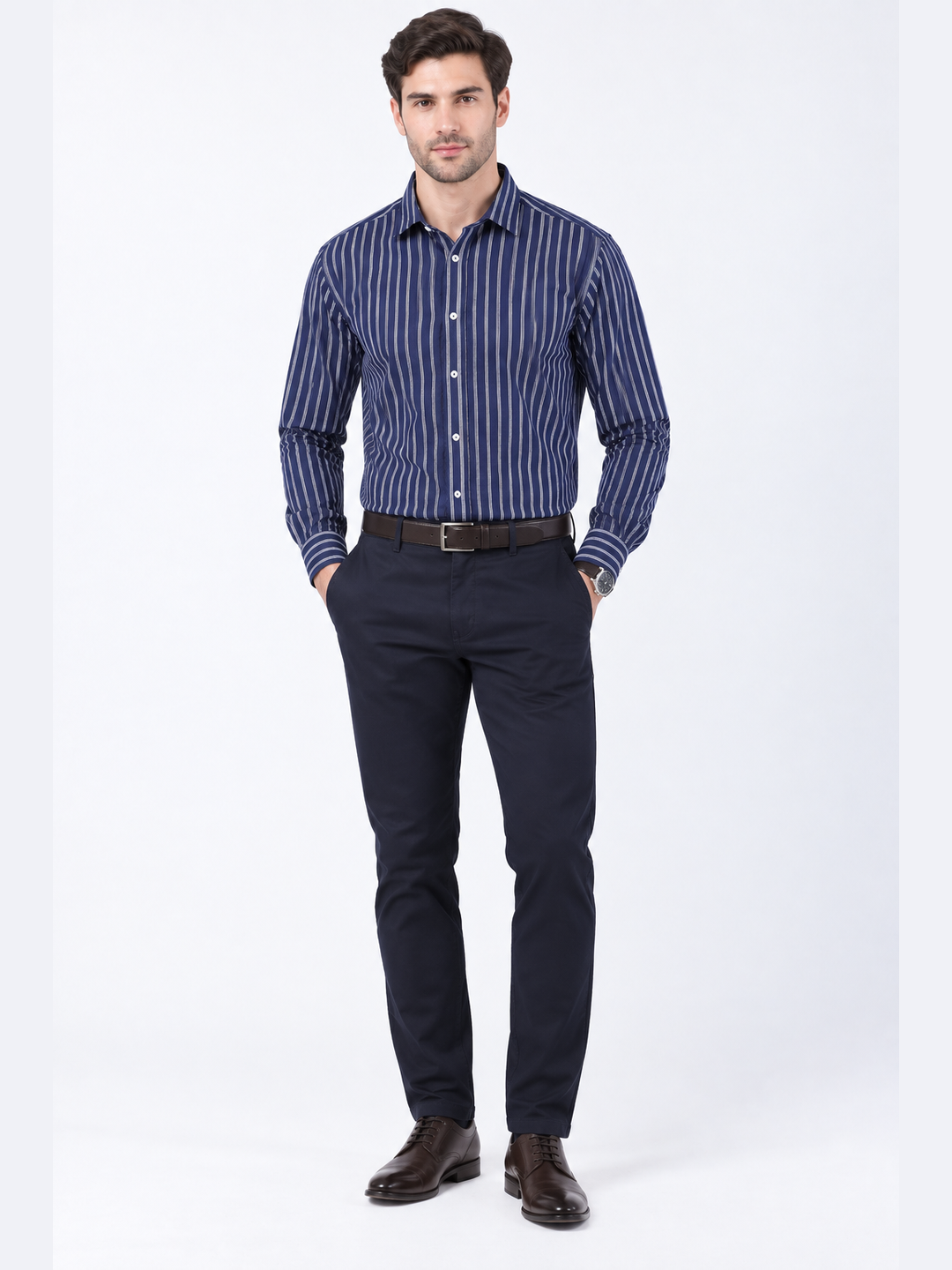 Navy Blue & White Vertical Stripe Full Sleeve Formal Shirt