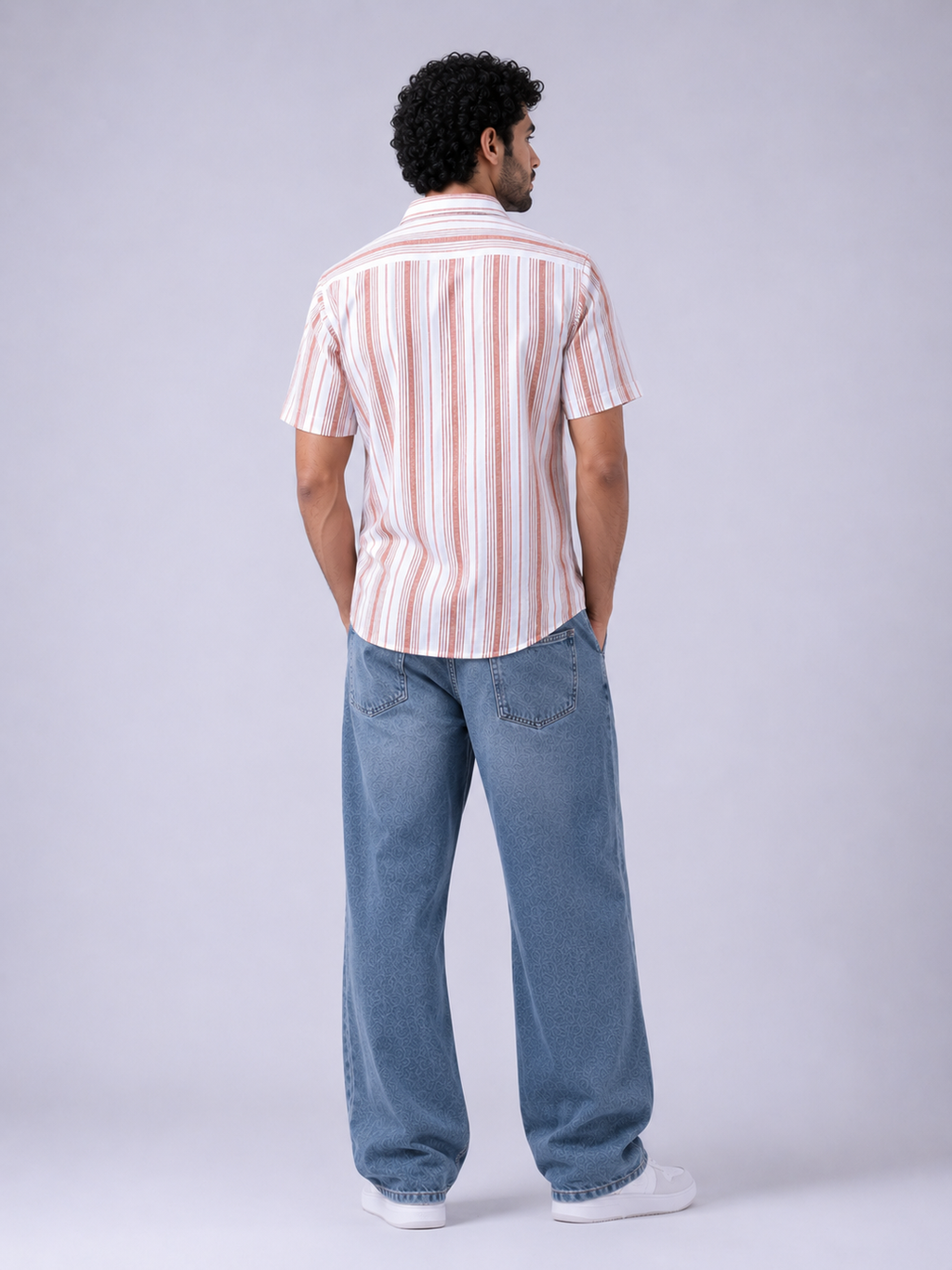 Men’s Pink & White Striped Casual Shirt with Relaxed-Fit Denim