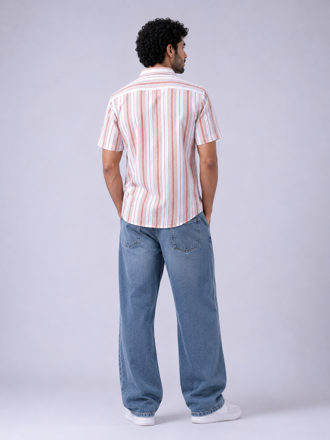Men’s Pink & White Striped Casual Shirt with Relaxed-Fit Denim