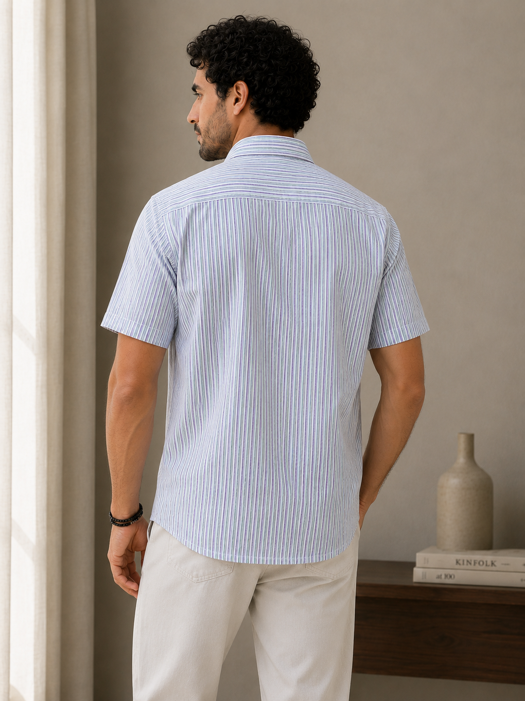 Men’s Light Blue Striped Short-Sleeve Casual Shirt with Chest Pocket