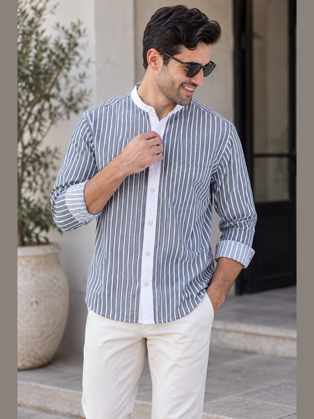 Grey & White Striped Mandarin Collar Shirt