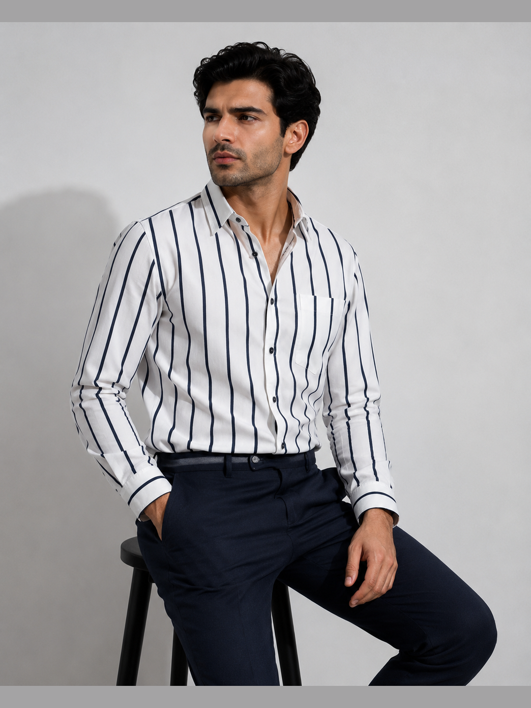 White & Navy Blue Vertical Stripe Full Sleeve Formal Shirt