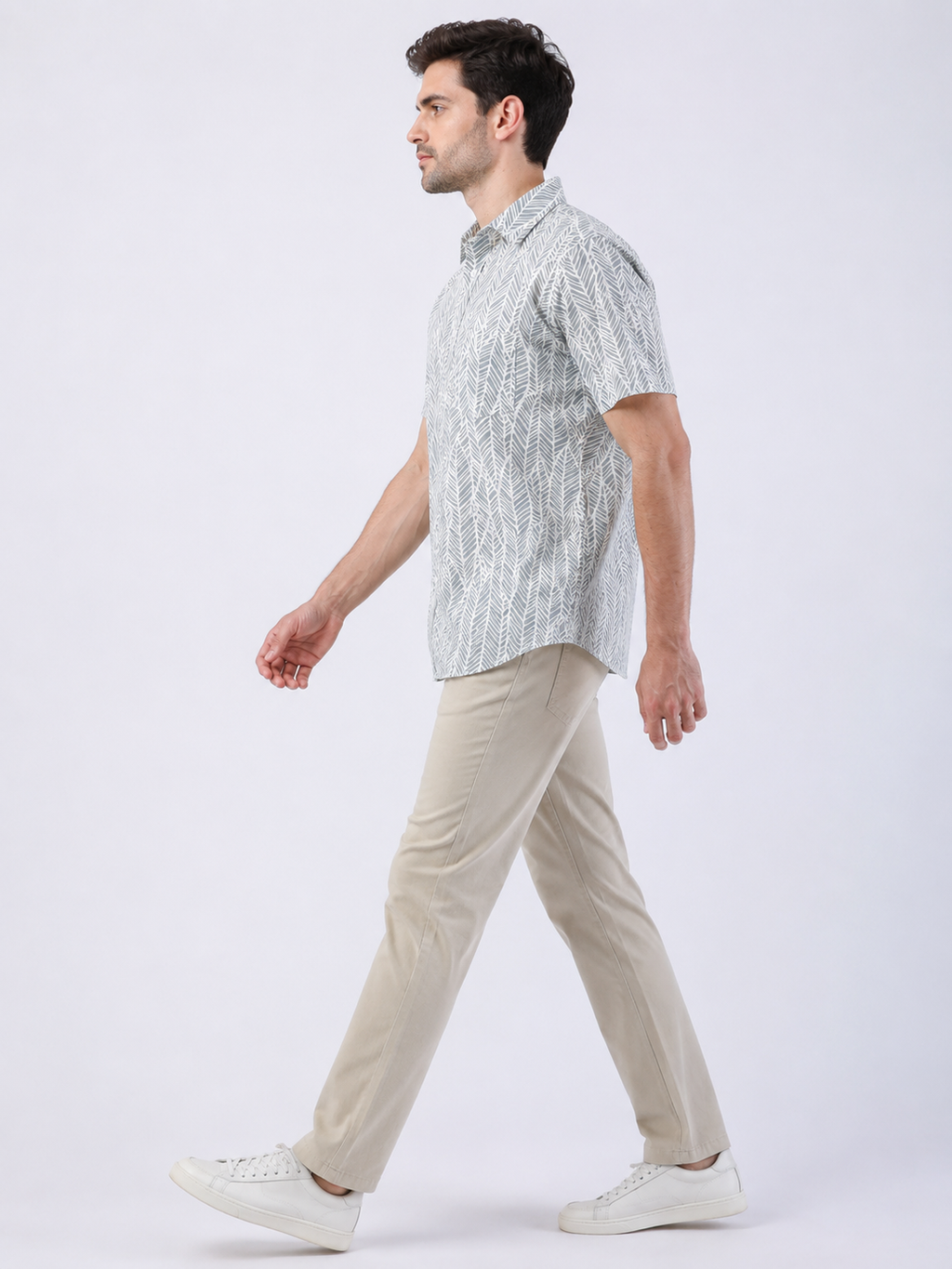 Grey & White Leaf Print Cotton Short Sleeve Shirt