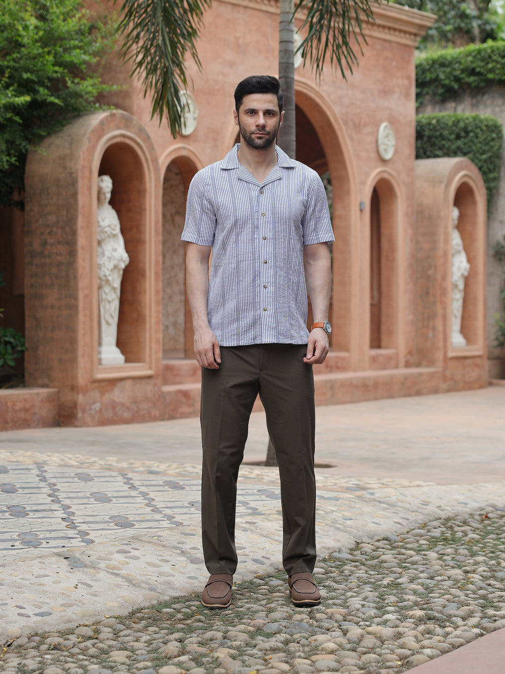Grey & White Striped Resort Collar Shirt