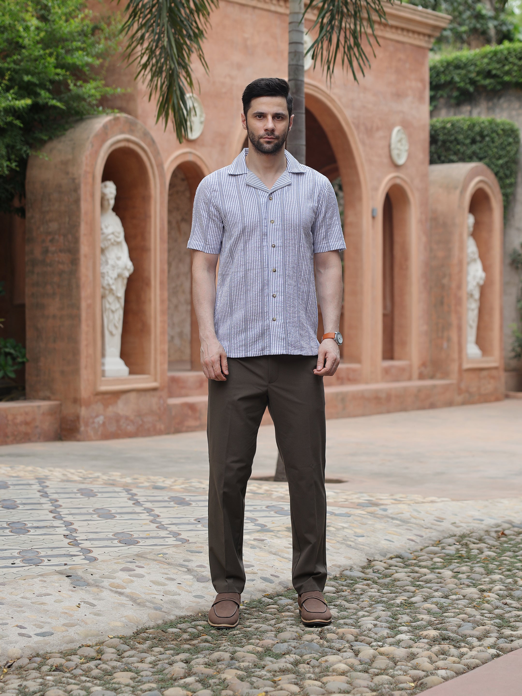 Grey & White Striped Resort Collar Shirt