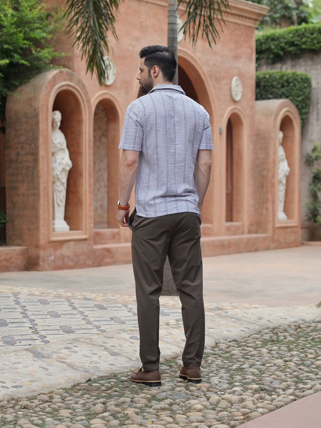 Grey & White Striped Resort Collar Shirt