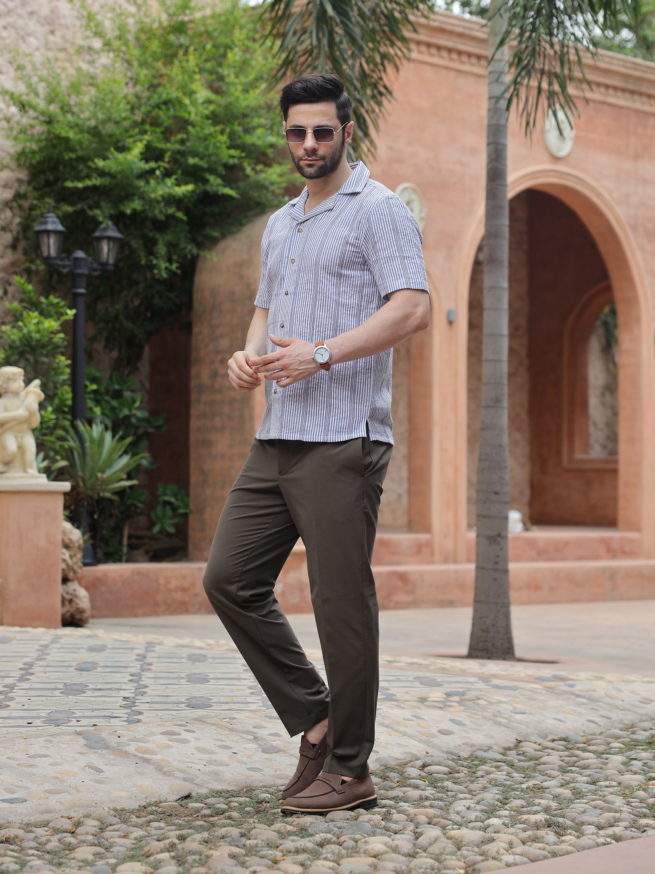 Grey & White Striped Resort Collar Shirt