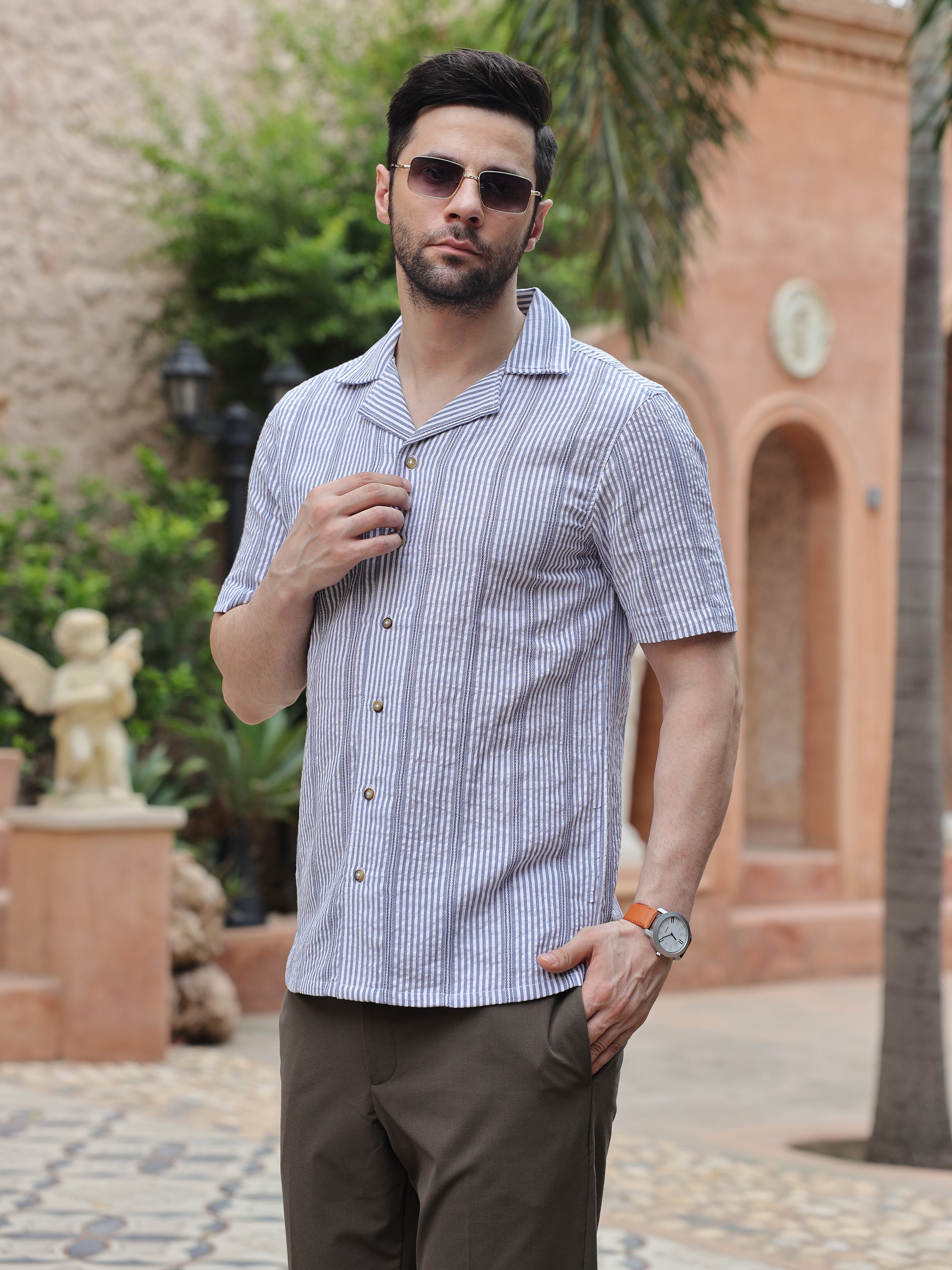 Grey & White Striped Resort Collar Shirt