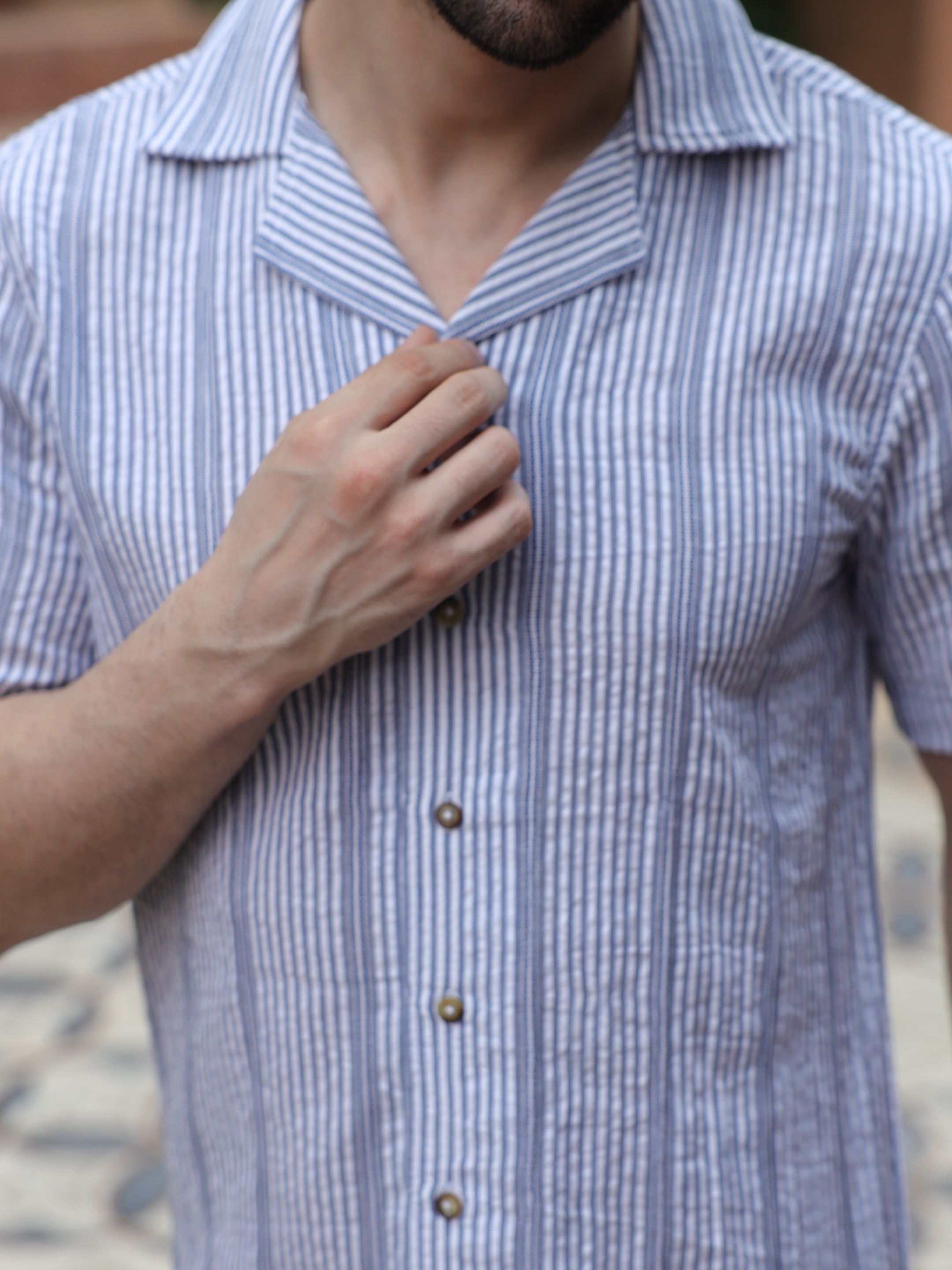 Grey & White Striped Resort Collar Shirt