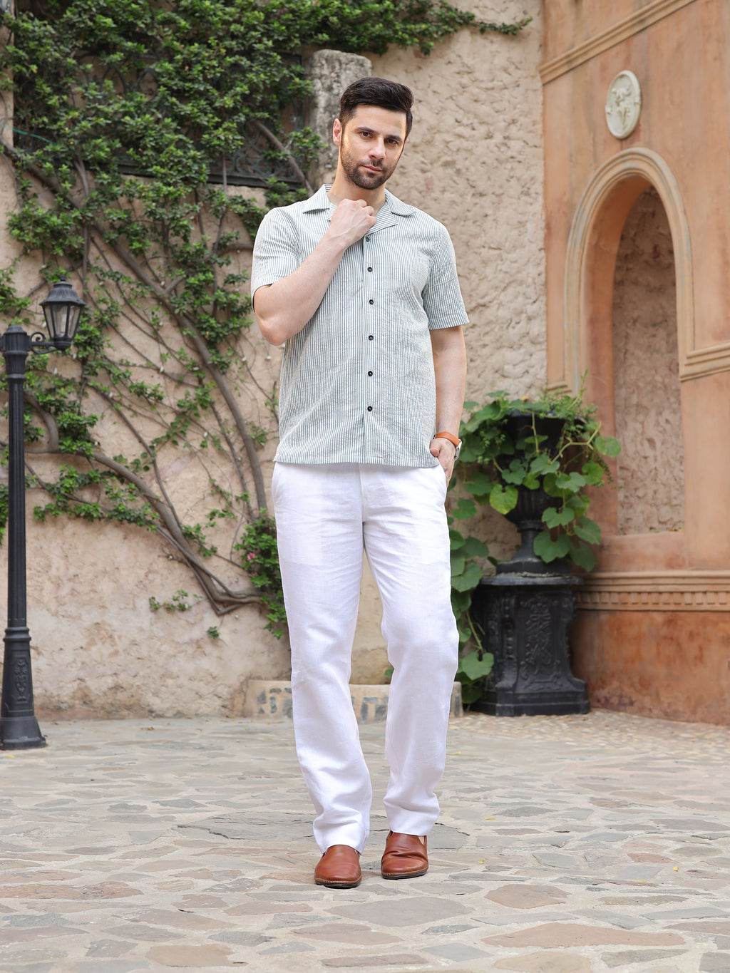 Sage Green Textured Resort Collar Shirt