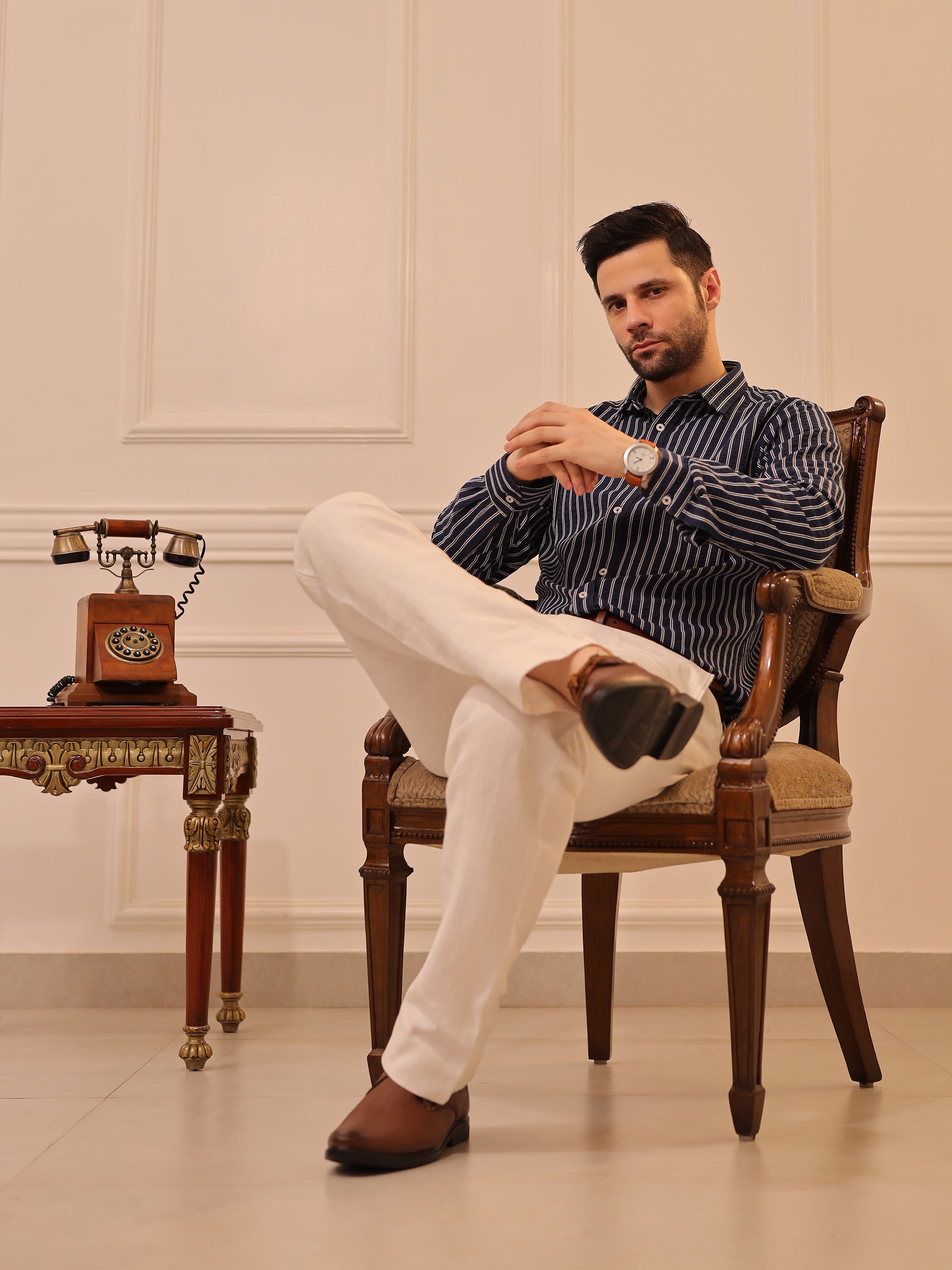 Navy Blue Striped Full Sleeve Shirt