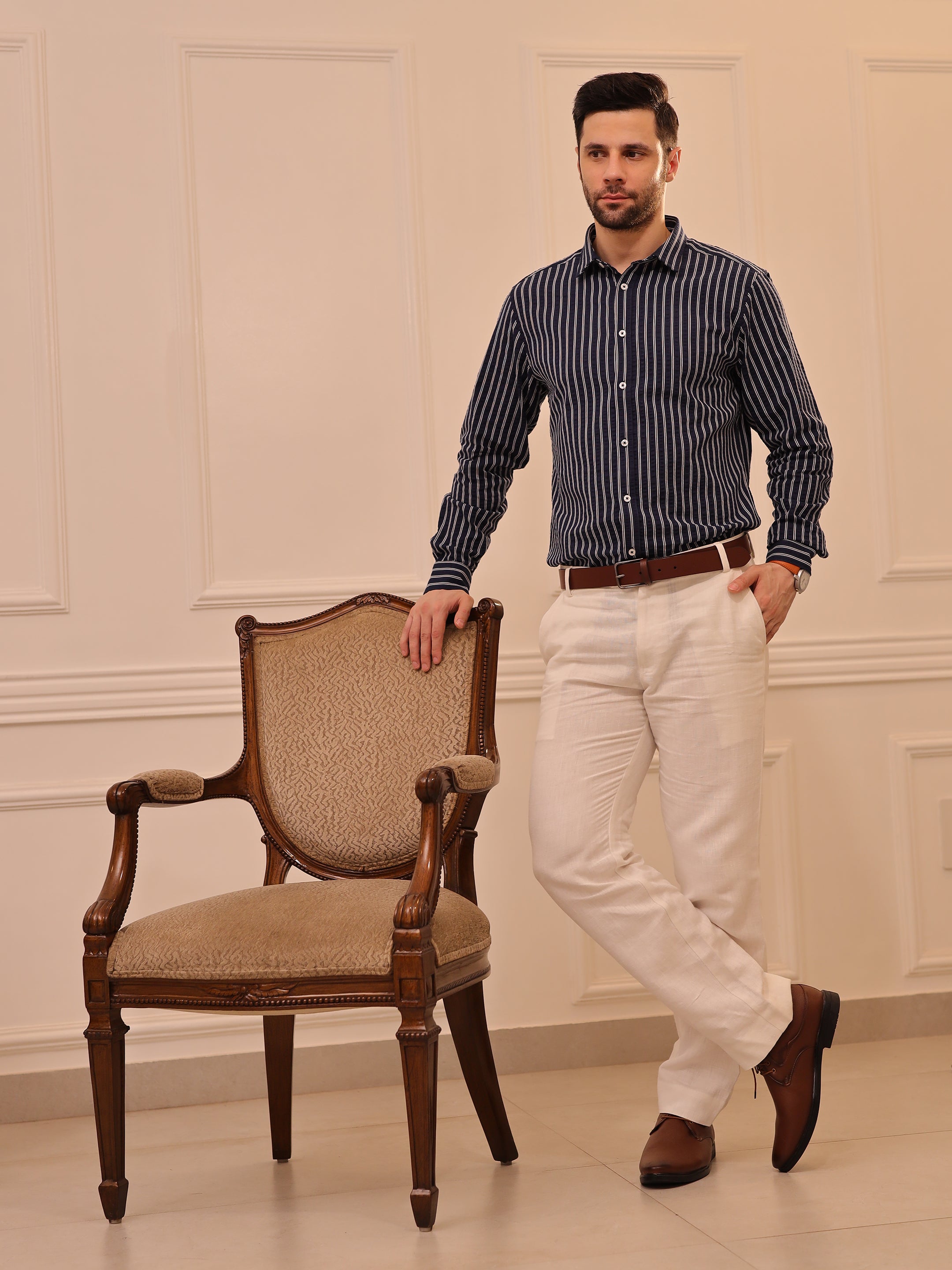 Navy Blue Striped Full Sleeve Shirt