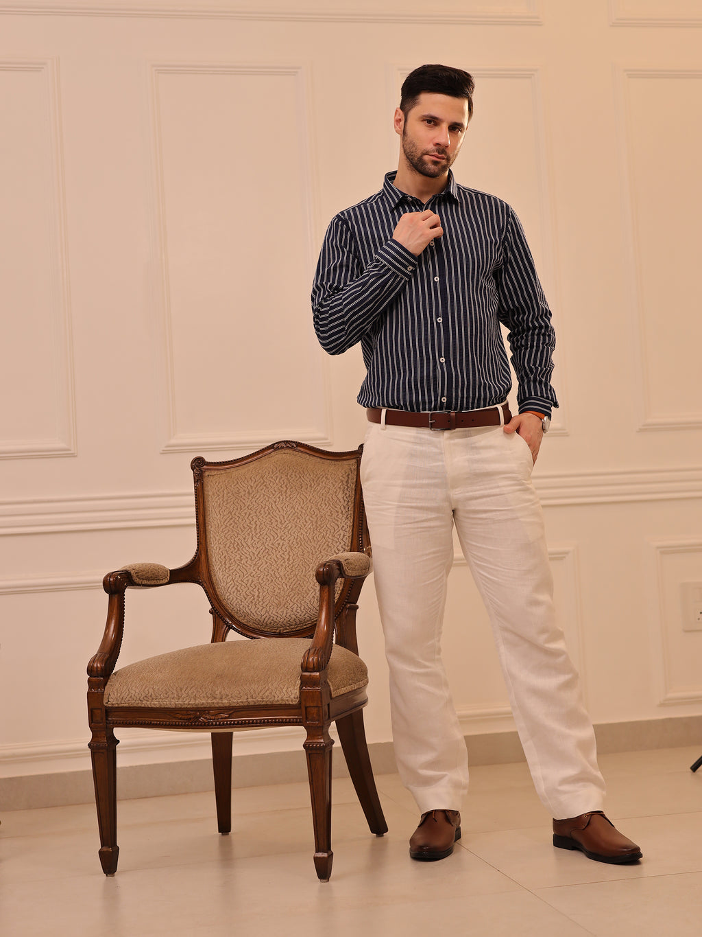Navy Blue Striped Full Sleeve Shirt