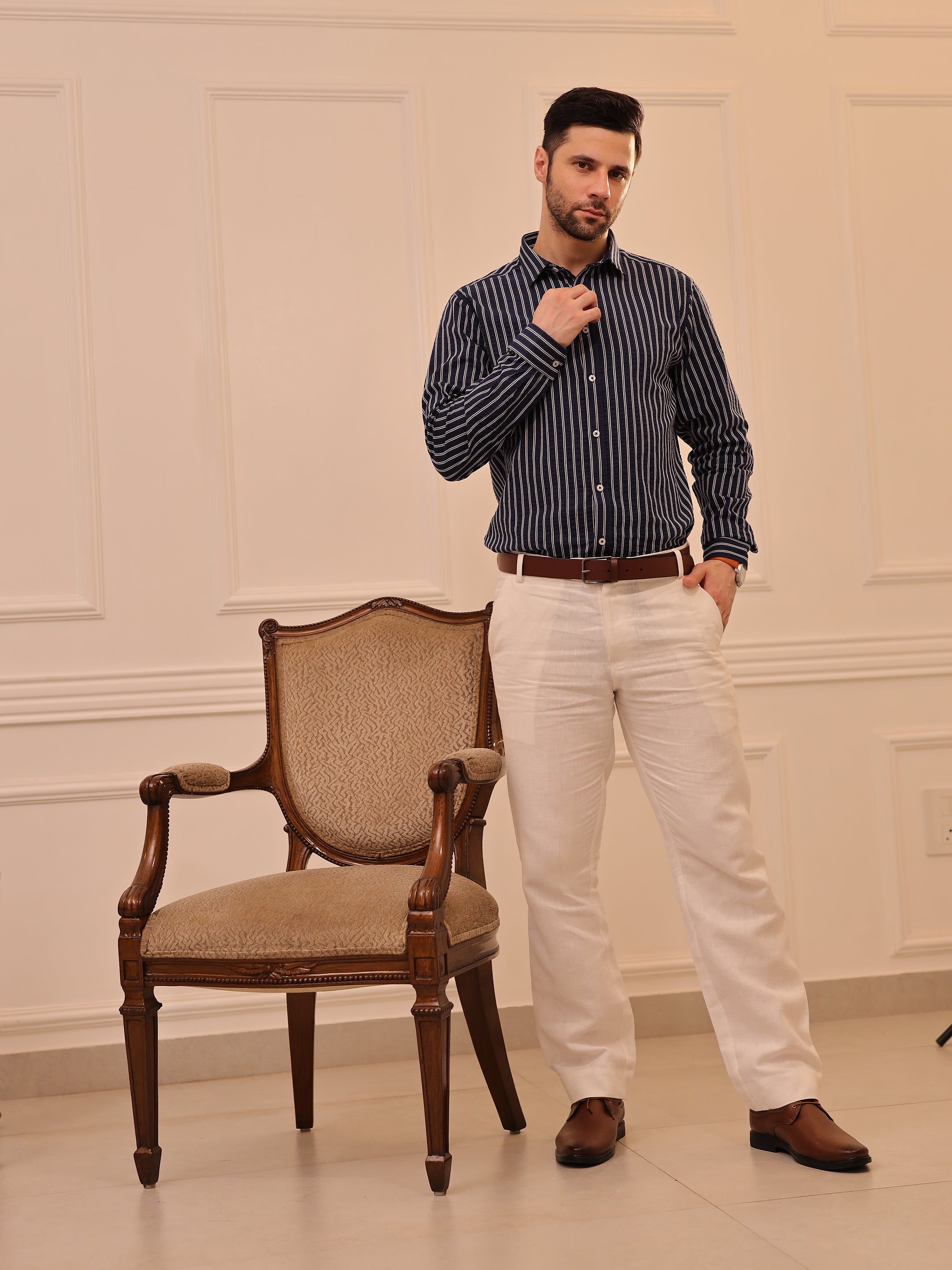 Navy Blue Striped Full Sleeve Shirt