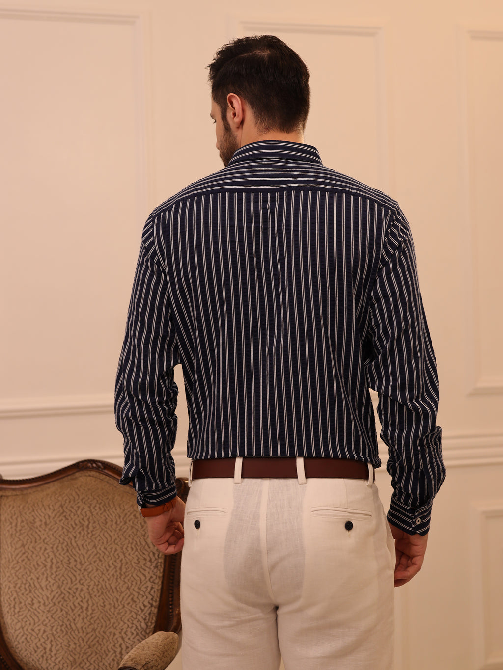 Navy Blue Striped Full Sleeve Shirt
