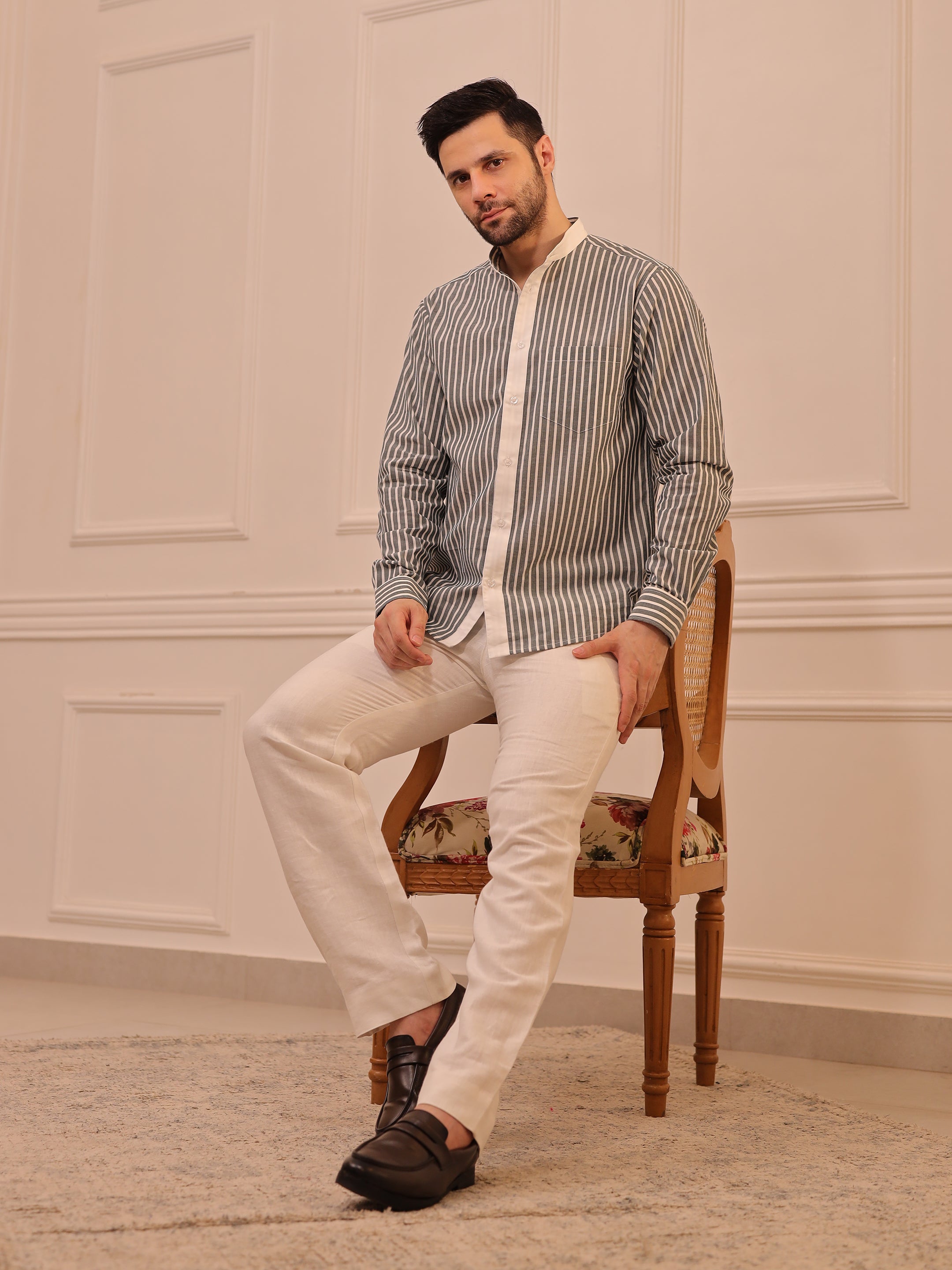 Grey & White Striped Mandarin Collar Shirt